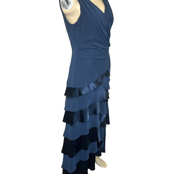 Vintage Blue Satin Tiered Maxi Dress Sz 8 Formal Evening Gown Mother of Bride - Picture 3 of 9